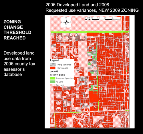 2006 Developed Land and 2008 Requested Use Variances (with 2001 Zoning)