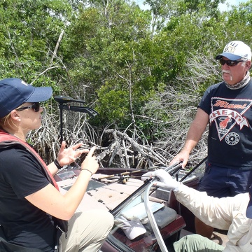 Jessica Lee talking to Everglades angler David Rose in the Shark River Estuary