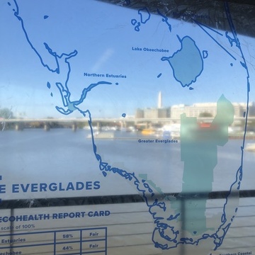 Transparent image of the Everglades Report Card looking to the Washington Monument from the District Wharf in Washington, D.C.