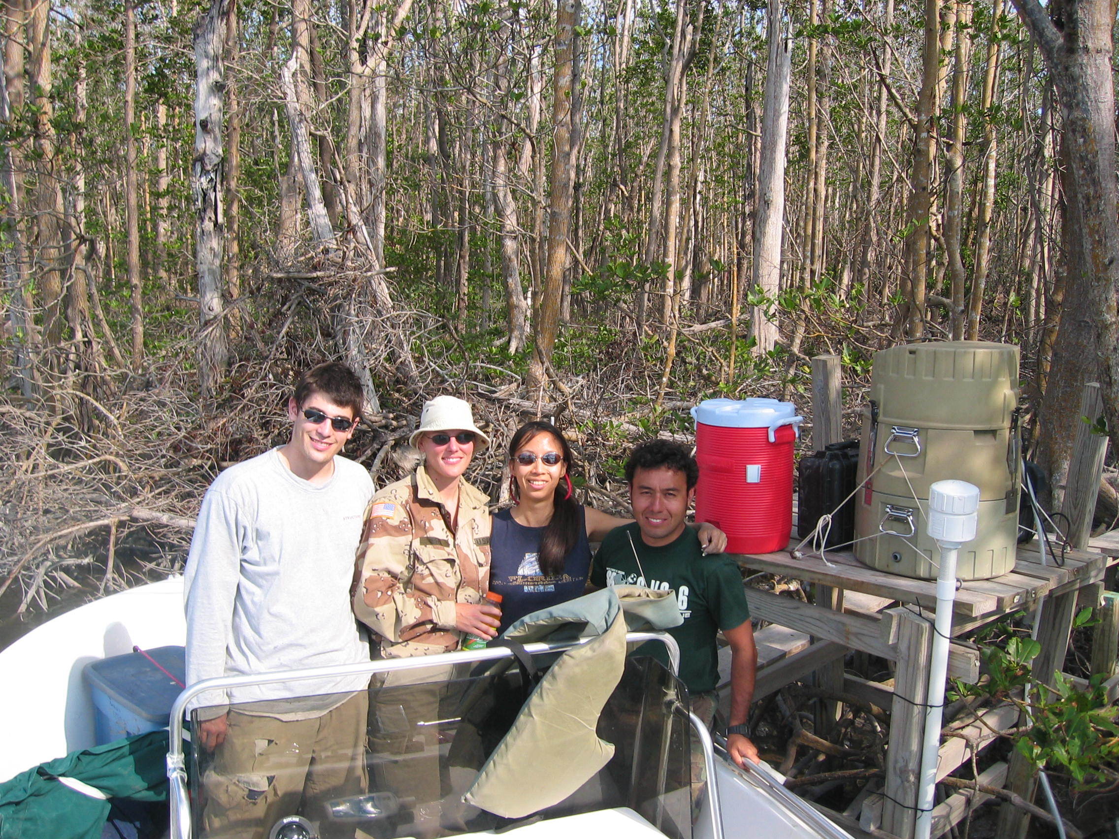 Left to right: Greg Koch, Kim de Mutsert, Sharon Ewe, Edward Castaneda taking a break during sampling at SRS-6 in Shark River Slough