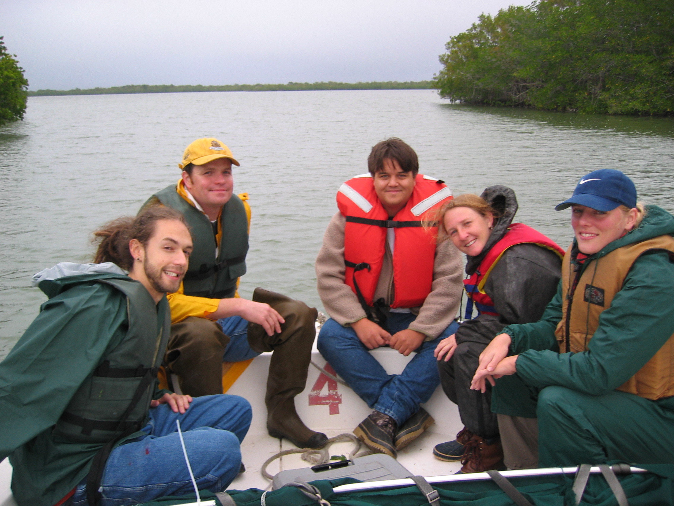 Left to right: Josh Cloutier, Dan Bond, Theo Vlaar, Nicole Poret, Kim de Mutsert in transit to measure forest structure at TS/Ph-8 in Taylor Slough