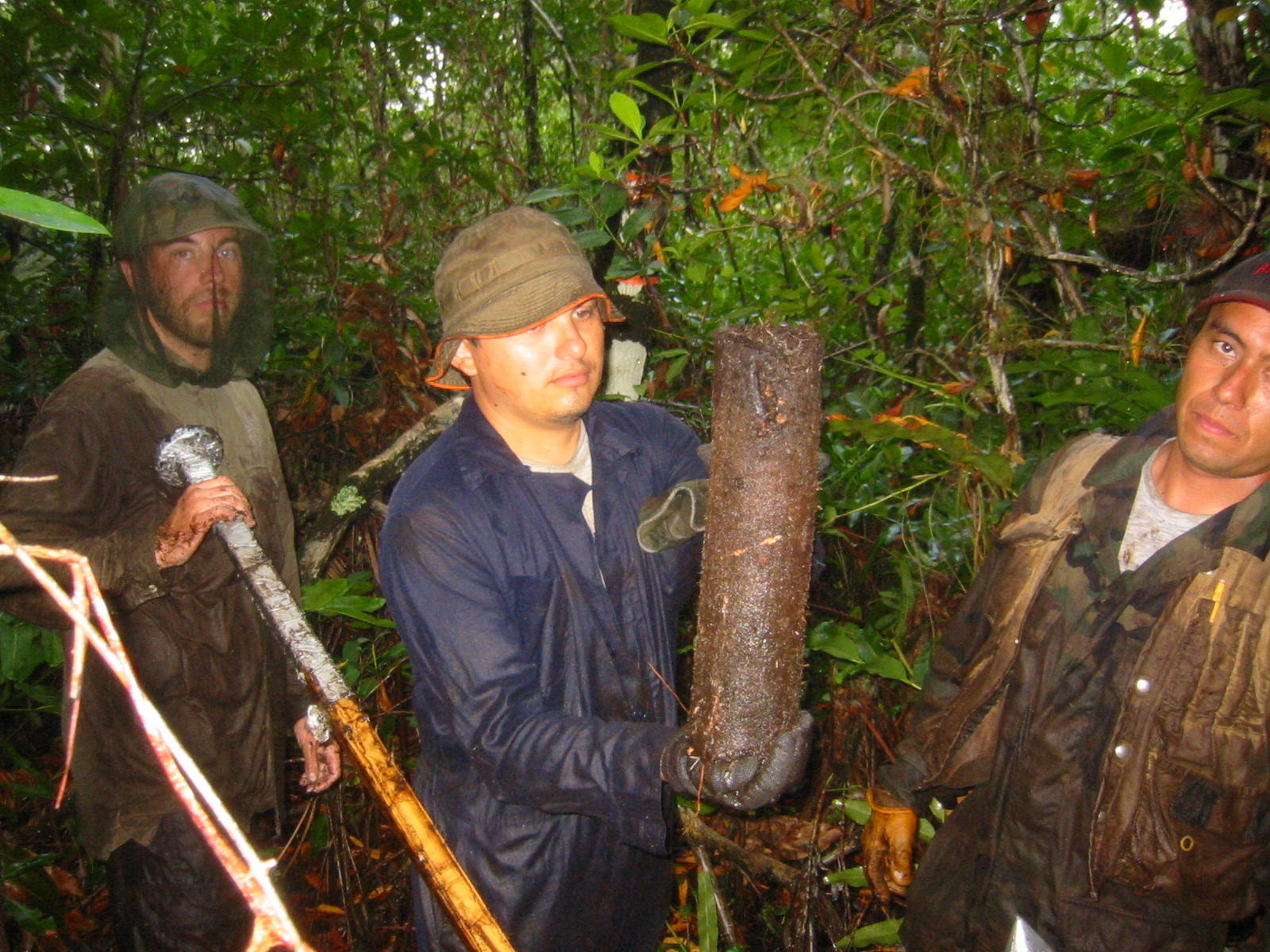 Left to right: Justin Baker, Arturo Saldivar, Edward Castaneda. Pulling core to determine standing crop (fine root biomass) in mangrove forest at SRS-4 in Shark River Slough