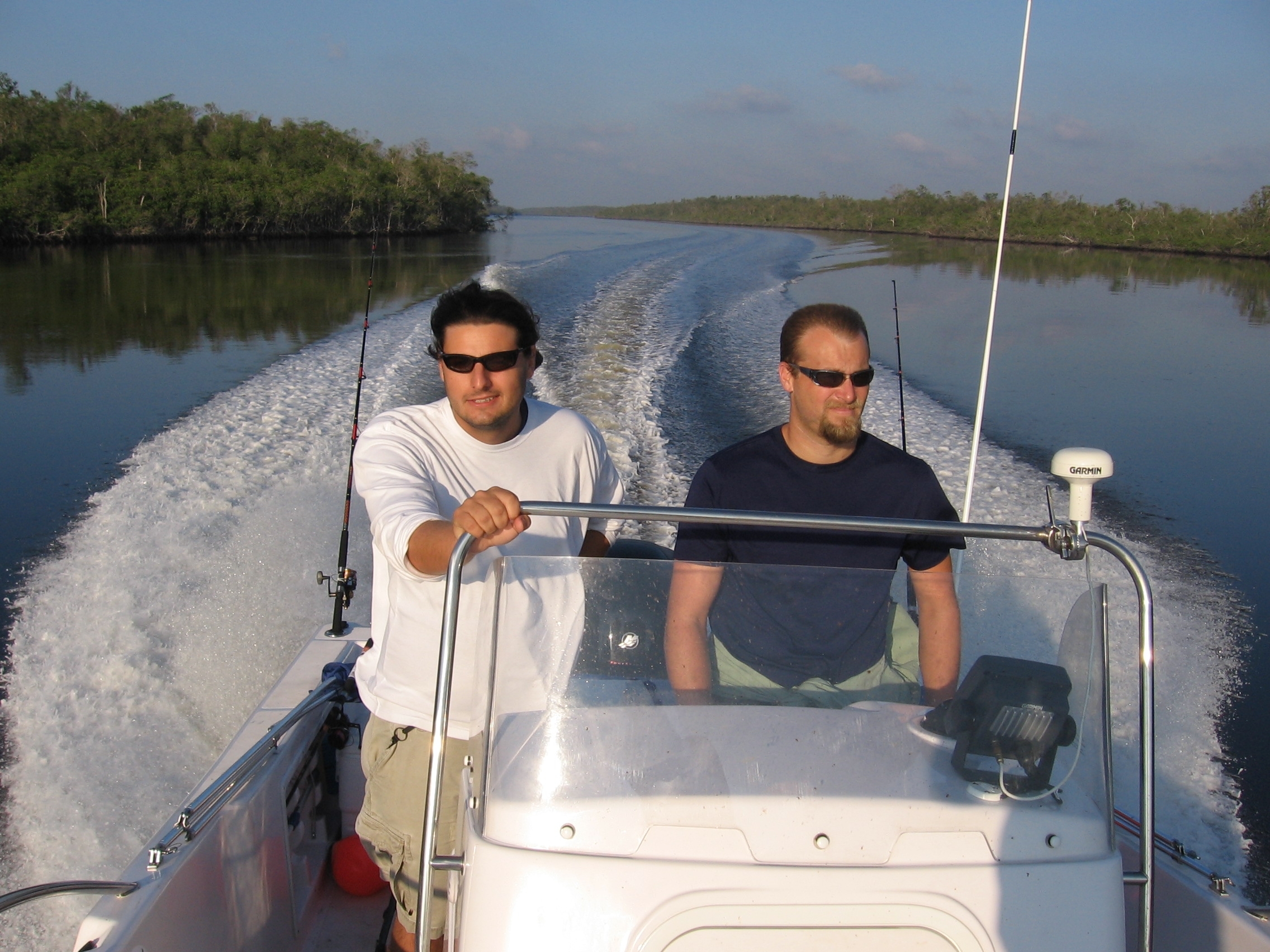 Bryan Delius (M.S. student) and Mike Heithaus going to their study sites, which occur from the mouth of the Shark River to 30 km upstream