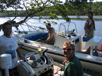 Left to right: Edward Castaneda, Calvin Liu, Peter Lenaker, and Sharon Ewe after sampling mangrove forest at SRS-6 in Shark River Slough