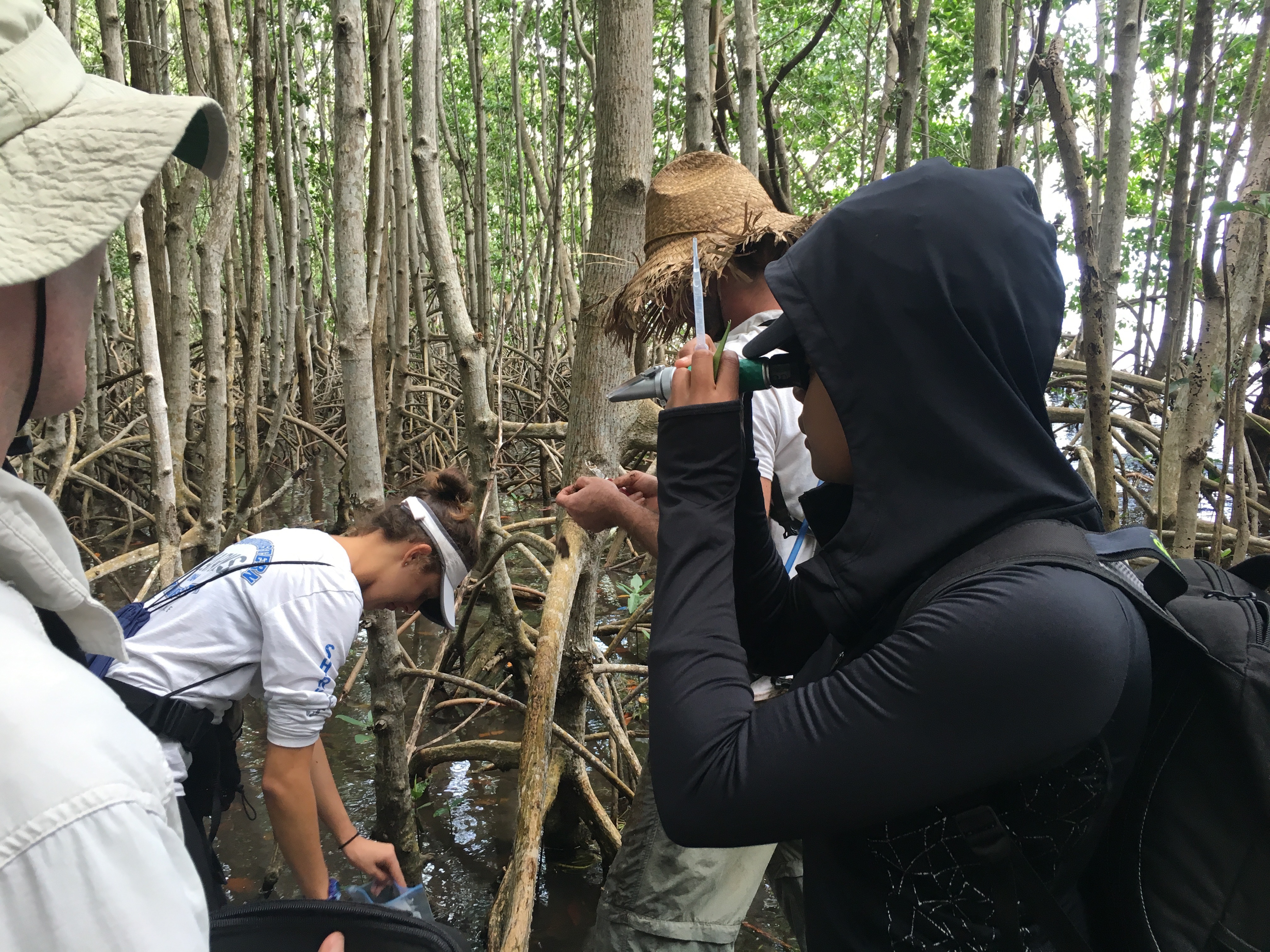 Priscilla Brown (FIU Teach Undergraduate, right foreground) using a salinity meter to measure salinity in Biscayne National Park.